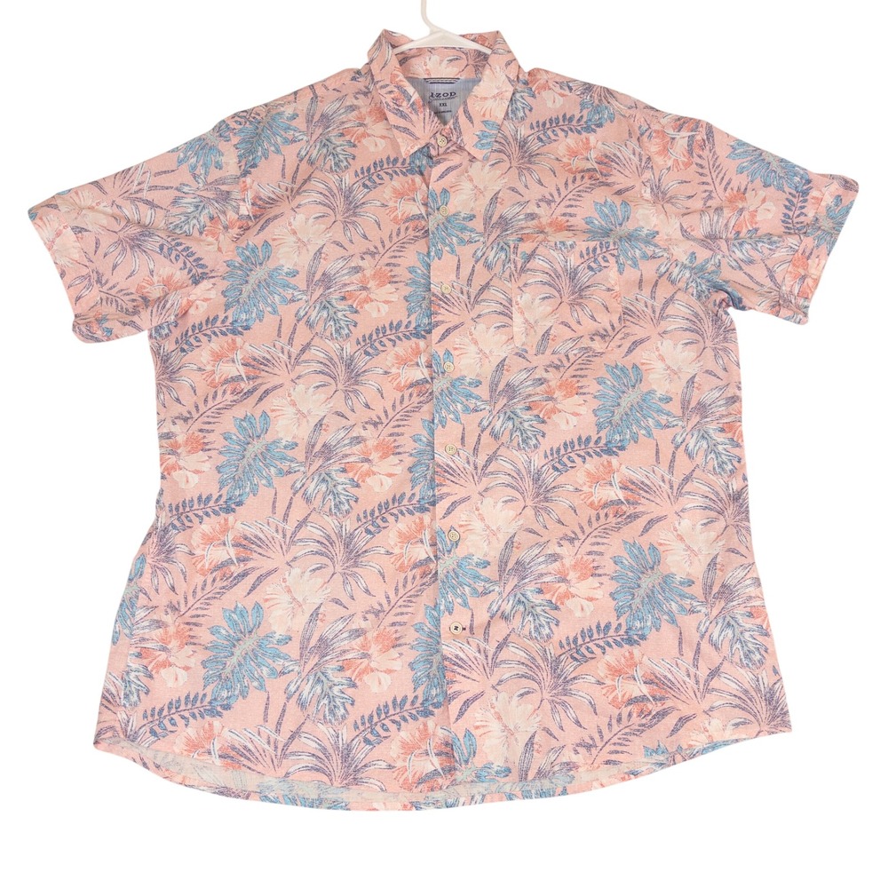 Izod Saltwater Mens XXL Pink Tropical Hibiscus Palm Leaf Button Down Shirt Aloha